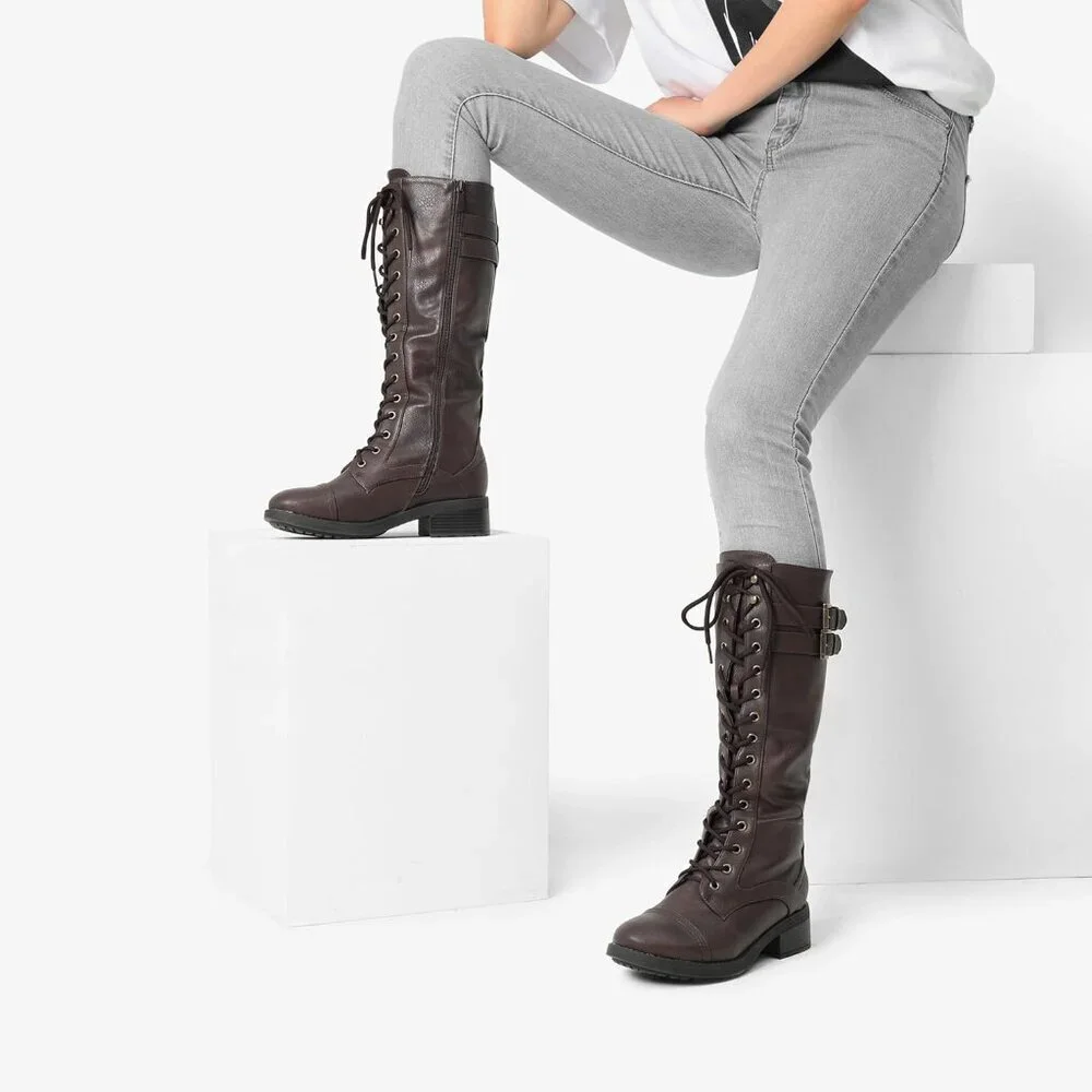 Women's Polyurethane Pu Georgia-brown Double buckle Knee High Riding Combat Boot